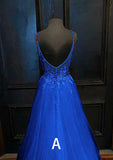 A-line V Neck Spaghetti Straps Sweep Train Tulle Prom Dress with Appliqued-27dress