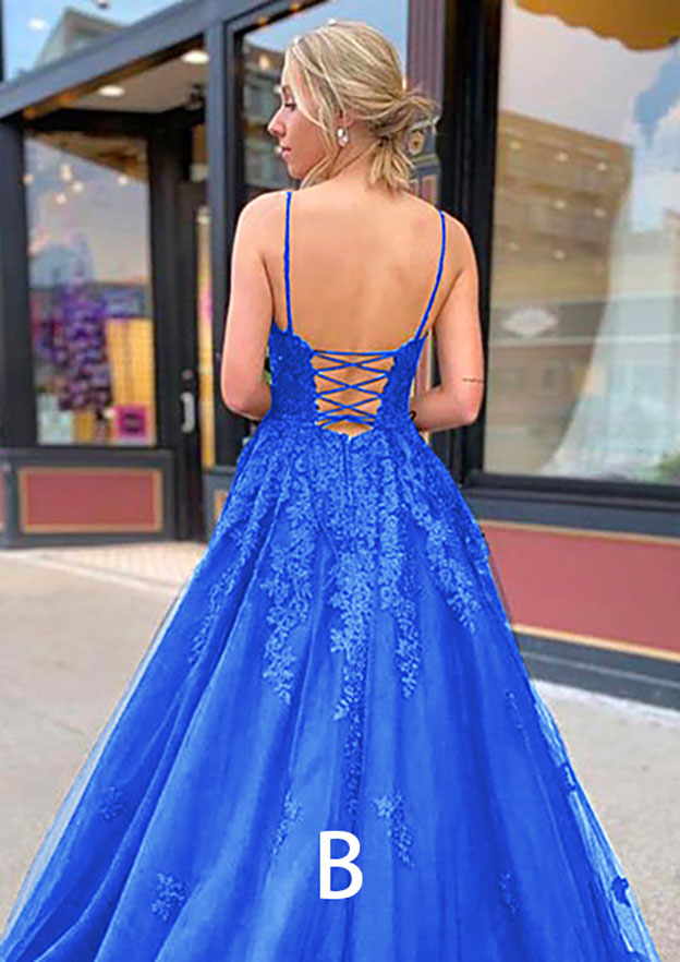 A-line V Neck Spaghetti Straps Sweep Train Tulle Prom Dress with Appliqued-27dress