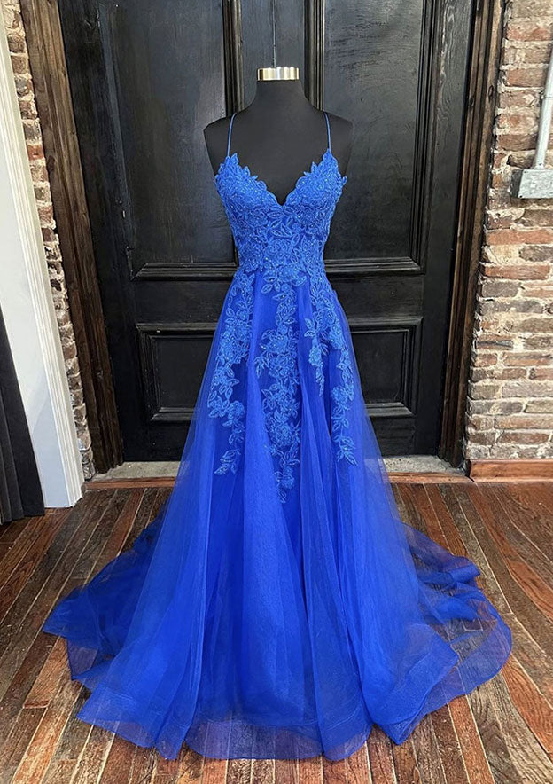 A-line V Neck Spaghetti Straps Sweep Train Tulle Prom Dress with Appliqued-27dress