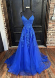 A-line V Neck Spaghetti Straps Sweep Train Tulle Prom Dress with Appliqued-27dress