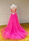 A-line V Neck Spaghetti Straps Sweep Train Tulle Prom Dress with Pleated Detail-27dress