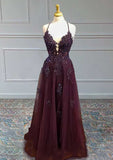 A-Line V Neck Spaghetti Straps Tulle Prom Dress With Beading Sequins Appliqued-27dress