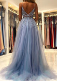 A-line V Neck Spaghetti Straps Tulle Prom Dress With Beading Sequins Split and Sweep Train-27dress