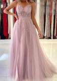 A-line V Neck Spaghetti Straps Tulle Prom Dress With Beading Sequins Split and Sweep Train-27dress