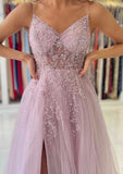 A-line V Neck Spaghetti Straps Tulle Prom Dress With Beading Sequins Split and Sweep Train-27dress