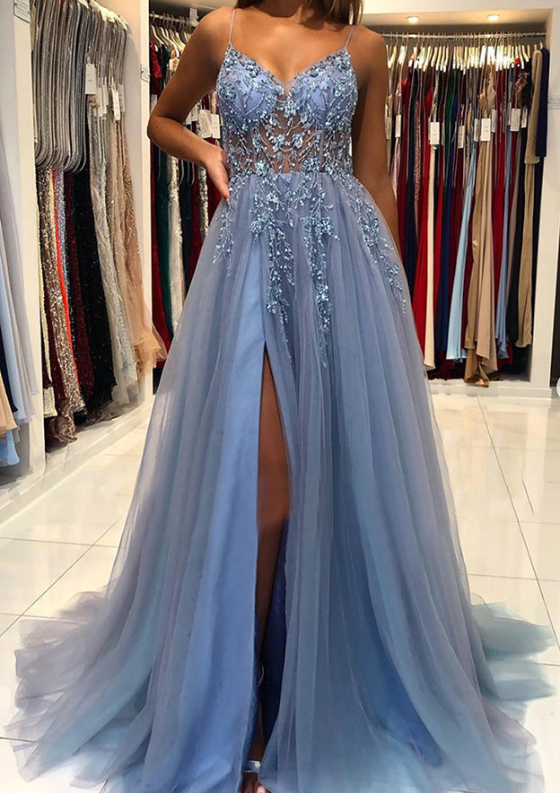 A-line V Neck Spaghetti Straps Tulle Prom Dress With Beading Sequins Split and Sweep Train-27dress