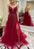 A-line V Neck Spaghetti Straps Tulle Prom Dress With Split Appliqued Chapel Train-27dress