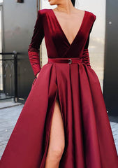 A-line V Neck Strapless Long Split Prom Dress in Satin Velvet with Waistband-27dress