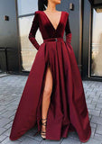 A-line V Neck Strapless Long Split Prom Dress in Satin Velvet with Waistband-27dress