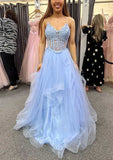 A-Line V-Neck Tulle Charmeuse Prom Dress with Appliqued Lace-27dress