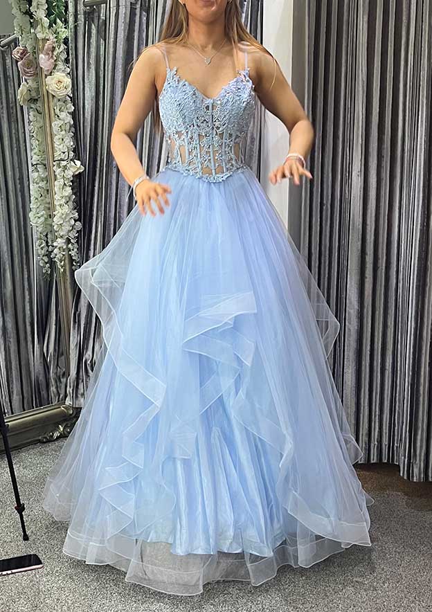 A-Line V-Neck Tulle Charmeuse Prom Dress with Appliqued Lace-27dress