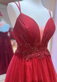 A-line V Neck Tulle Prom Dress with Appliqued Beading and Glitter Pleats-27dress