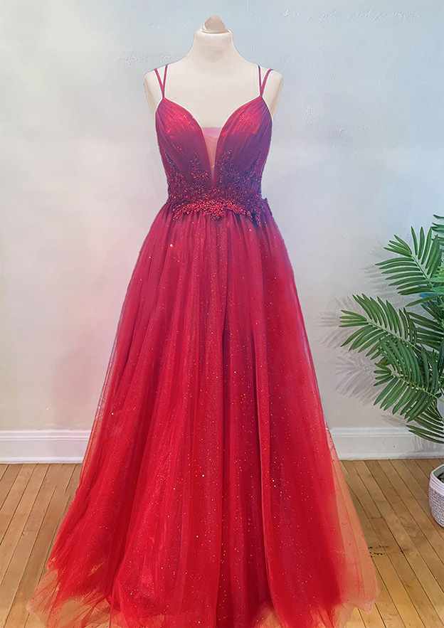 A-line V Neck Tulle Prom Dress with Appliqued Beading and Glitter Pleats-27dress