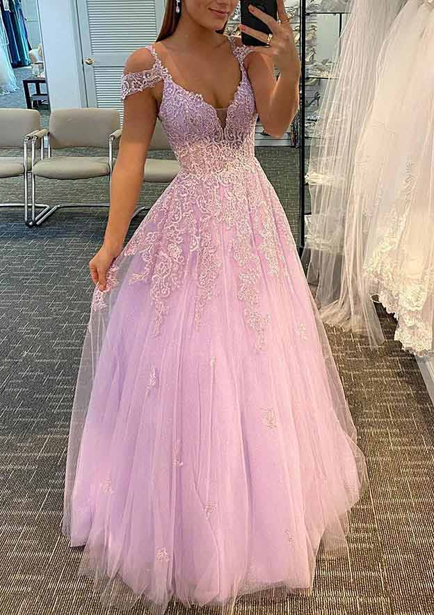 A-line V Neck Tulle Prom Dress With Appliqued Beading and Regular Straps for a Long/Floor-Length Look-27dress