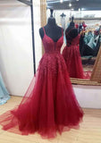 A-Line V Neck Tulle Prom Dress With Appliqued Lace and Chapel Train-27dress