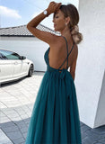 A-Line V-neck Tulle Prom Dress With Appliques Lace and Sweep Train-27dress