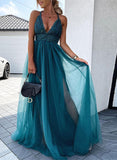 A-Line V-neck Tulle Prom Dress With Appliques Lace and Sweep Train-27dress