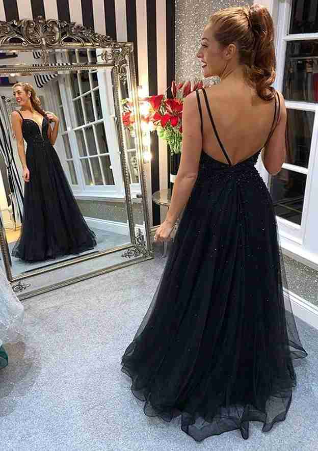 A-Line V-Neck Tulle Prom Dress with Beading and Spaghetti Straps-27dress