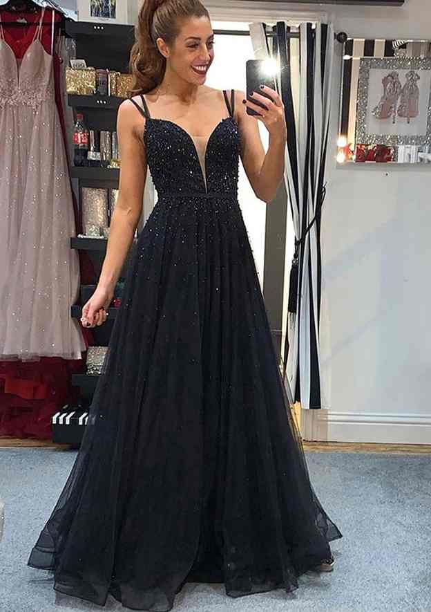 A-Line V-Neck Tulle Prom Dress with Beading and Spaghetti Straps-27dress