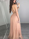 A-line V-neck Tulle Sequined Split Front Floor-length Prom Dress