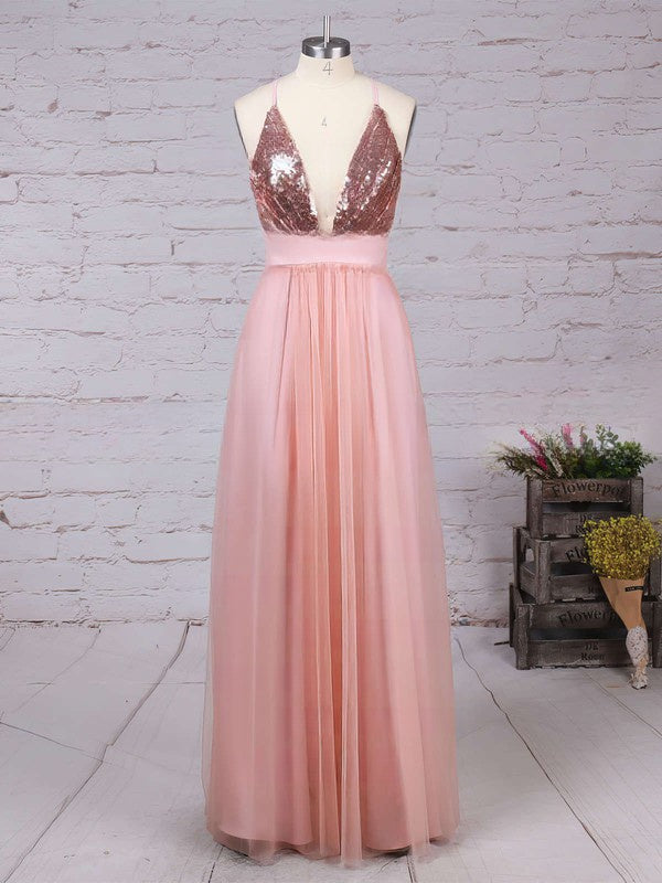 A-line V-neck Tulle Sequined Split Front Floor-length Prom Dress