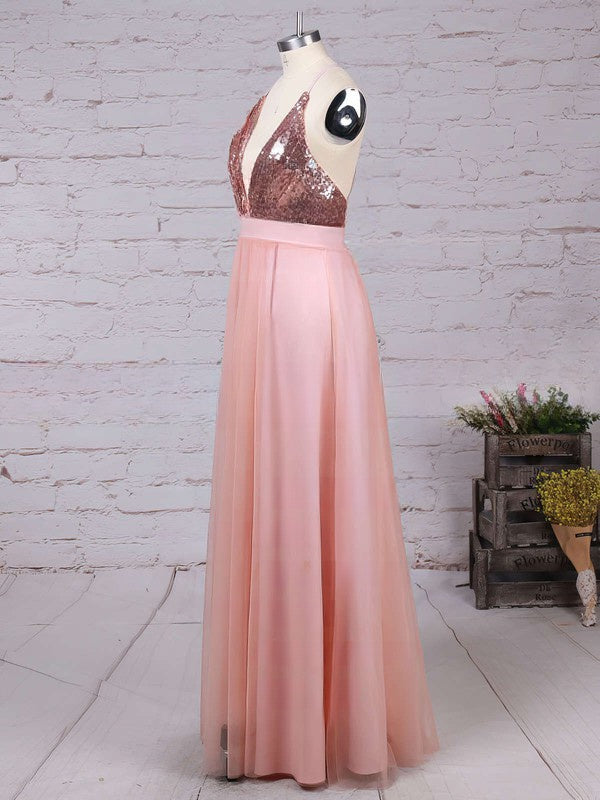 A-line V-neck Tulle Sequined Split Front Floor-length Prom Dress