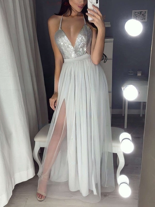 A-line V-neck Tulle Sequined Split Front Floor-length Prom Dress