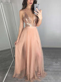 A-line V-neck Tulle Sequined Split Front Floor-length Prom Dress