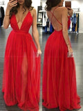 A-Line V-Neck Tulle Split Front Prom Dress for Floor-Length Style