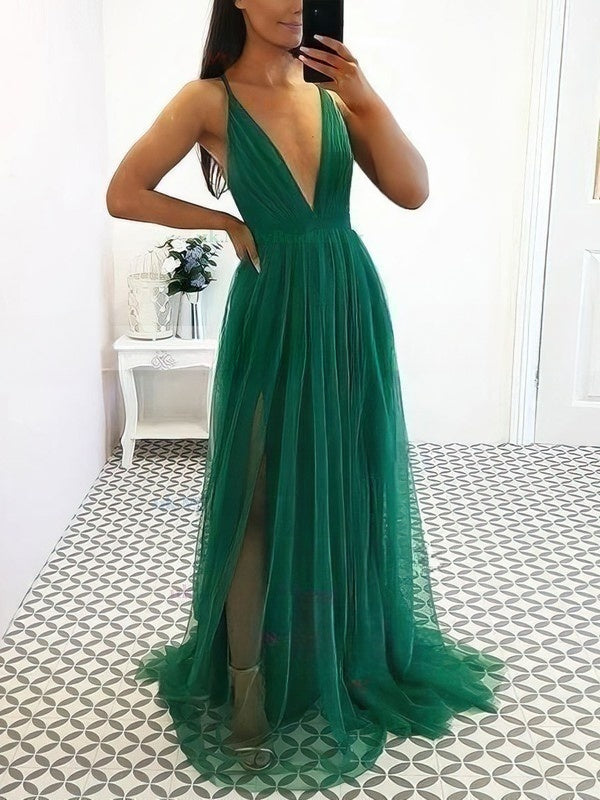 A-Line V-Neck Tulle Split Front Prom Dress for Floor-Length Style