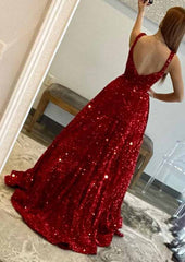 A-line Velvet Sequins Prom Dress with Pockets and Square Neckline Sleeveless Sweep Train-27dress