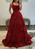 A-line Velvet Sequins Prom Dress with Pockets and Square Neckline Sleeveless Sweep Train-27dress