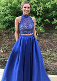 A-Line/Princess High-Neck Long/Floor-Length Satin Prom Dress with Lace-27dress