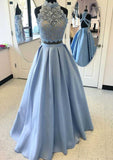 A-Line/Princess High-Neck Long/Floor-Length Satin Prom Dress with Lace-27dress