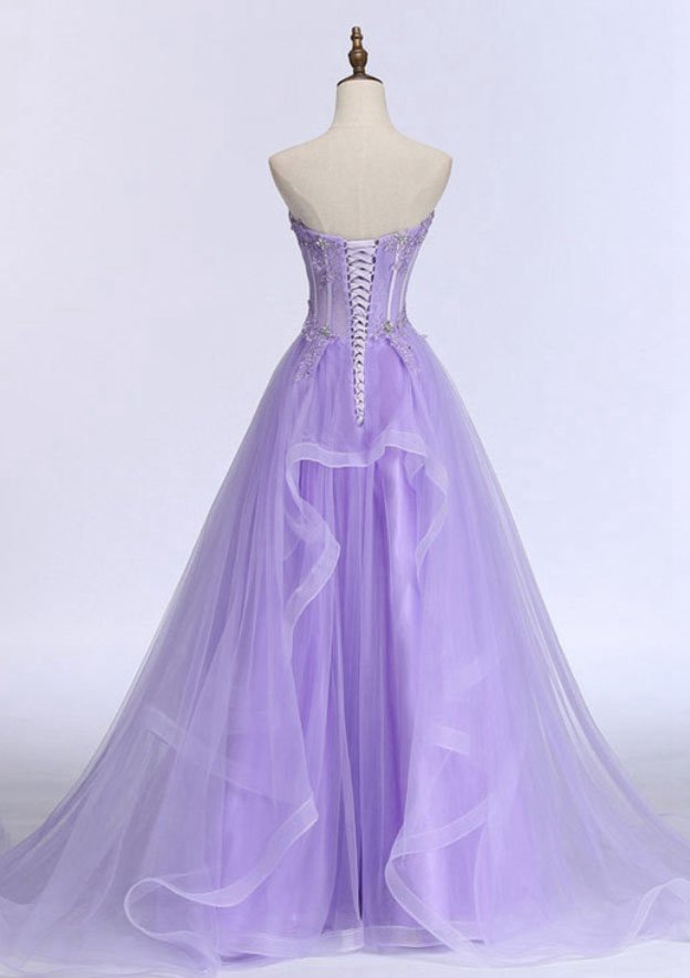 A-line/Princess Sweetheart Sleeveless Prom Dress With Beading Appliqued Tulle Sweep Train-27dress