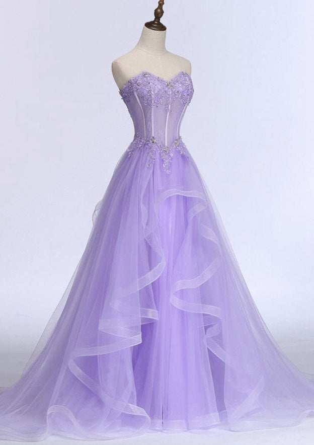 A-line/Princess Sweetheart Sleeveless Prom Dress With Beading Appliqued Tulle Sweep Train-27dress