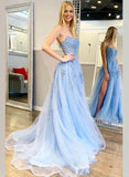 A-Line/Princess Tulle Halter Sleeveless Sweep Train Prom Dress with Split Front Appliques Lace-27dress