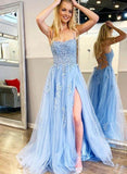 A-Line/Princess Tulle Halter Sleeveless Sweep Train Prom Dress with Split Front Appliques Lace-27dress