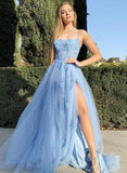 A-Line/Princess Tulle Halter Sleeveless Sweep Train Prom Dress with Split Front Appliques Lace-27dress