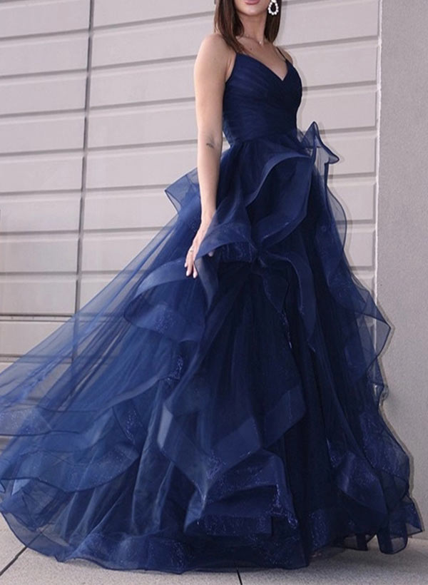 A-Line/Princess Tulle V-neck Prom Dress with Cascading Ruffles-27dress