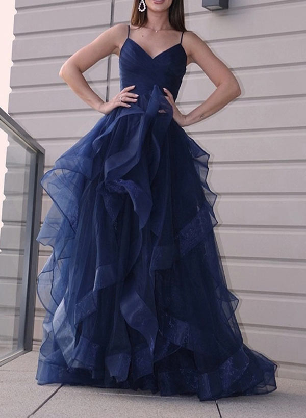 A-Line/Princess Tulle V-neck Prom Dress with Cascading Ruffles-27dress