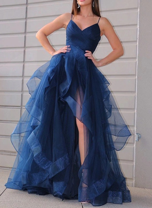 A-Line/Princess Tulle V-neck Prom Dress with Cascading Ruffles-27dress