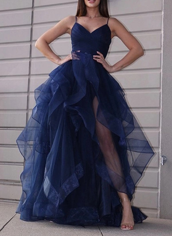 A-Line/Princess Tulle V-neck Prom Dress with Cascading Ruffles-27dress