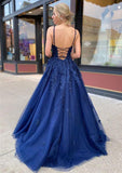 A-line/Princess V Neck Lace Prom Dresses with Sweep Train-27dress