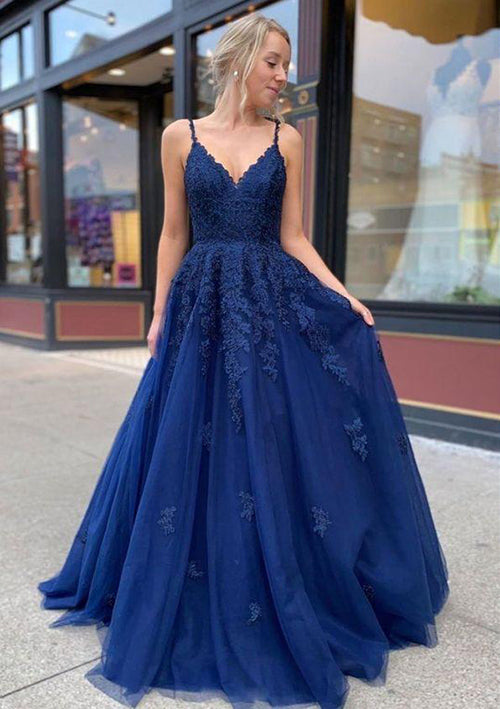 A-line/Princess V Neck Lace Prom Dresses with Sweep Train-27dress