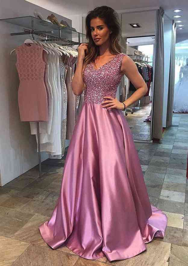 A-Line/Princess V-Neck Satin Prom Dress With Sequins and Sweep Train-27dress