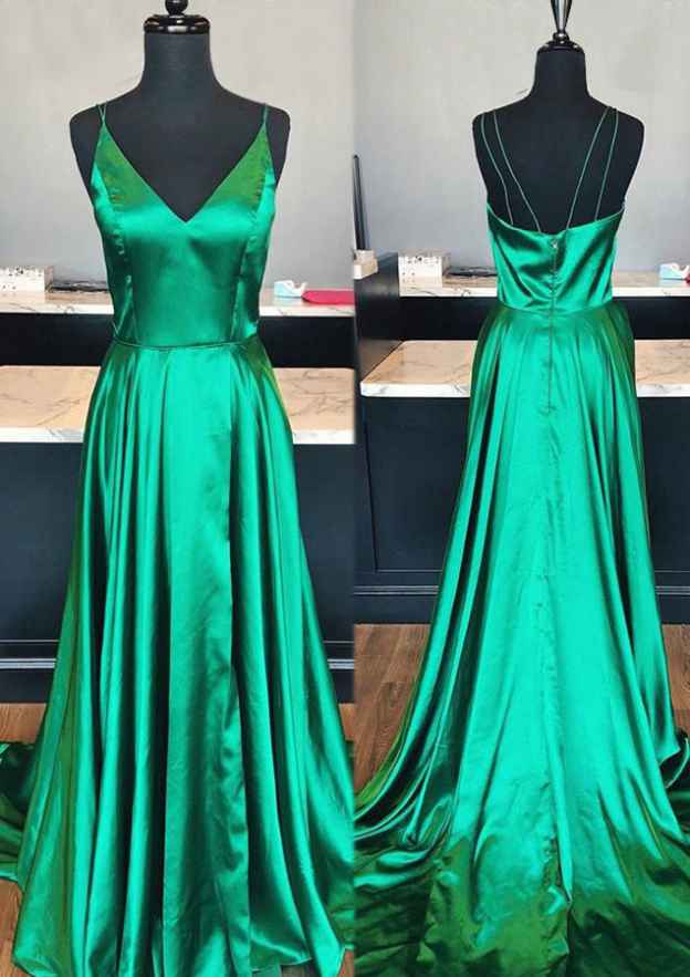 A-line/Princess V Neck Sleeveless Court Train Charmeuse Prom Dress With Split-27dress