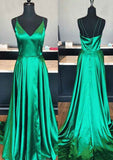 A-line/Princess V Neck Sleeveless Court Train Charmeuse Prom Dress With Split-27dress