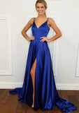 A-line/Princess V Neck Sleeveless Court Train Charmeuse Prom Dress With Split-27dress