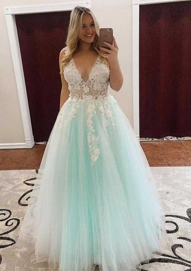 A-line/Princess V Neck Sleeveless Long/Floor-Length Tulle Prom Dress with Appliqu¨¦d-27dress